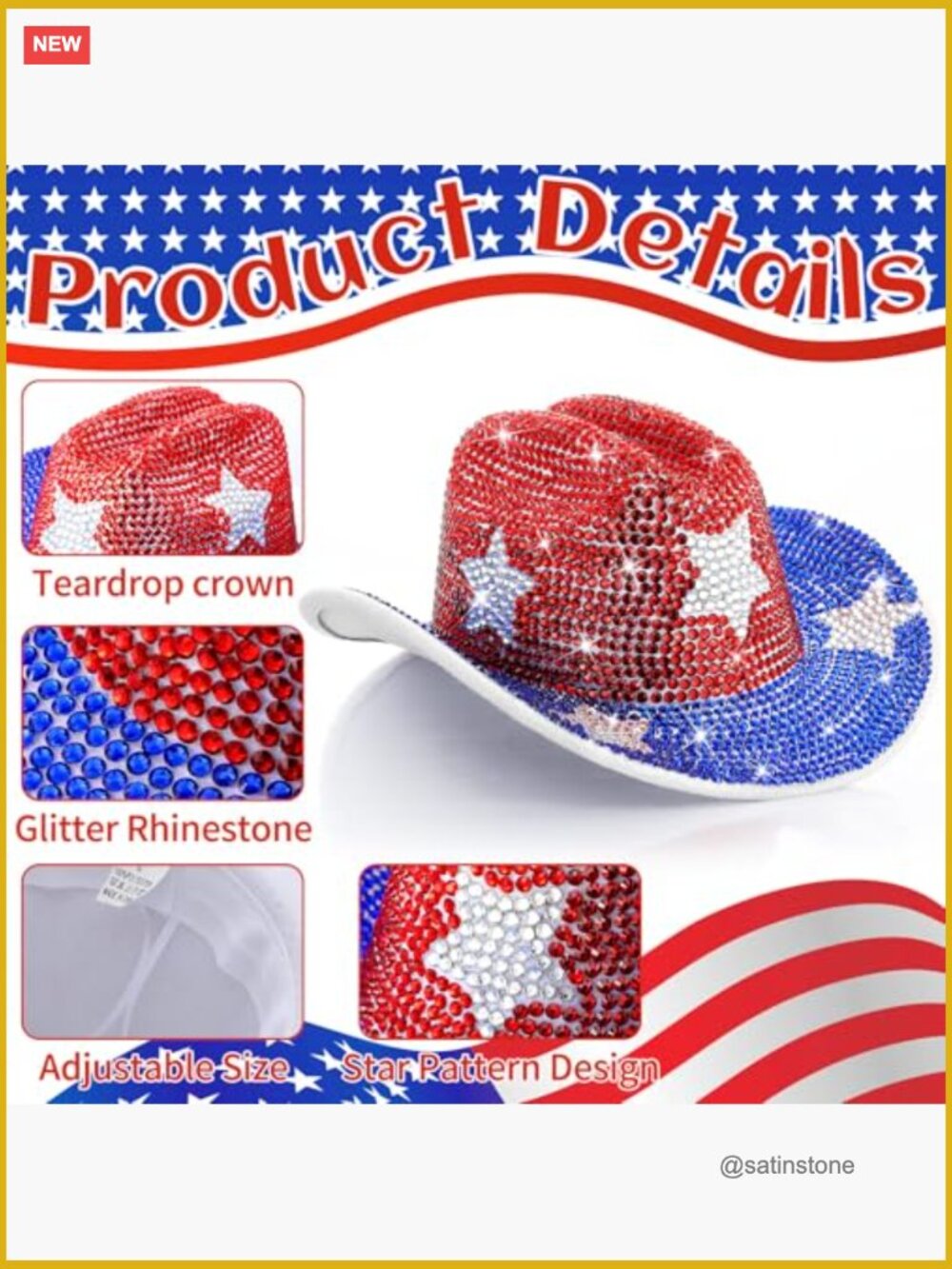 Rhinestone Cowboy Hat Patriotic Independence Day Felt Hat Western Headwear - Picture 3 of 7